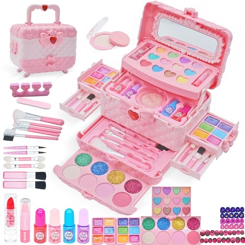 Kit de maquilhagem para crianças - 57 peças lavável de maquilhagem para meninas, conjunto de maquilhagem e não tóxico, presente de princesa para meninas, aniversário para meninas com mais de 4 5 6 7 8
