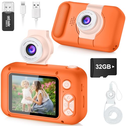 ARNSSIEN Câmara com fotos infantis, câmara de fotos para crianças com lente de 180°Flip e ecrã IPS 2,4 polegadas, brinquedo de aniversário para meninos e meninas de 3-12 anos, cartão de 32 GB, X101