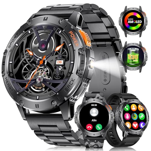 LIGE Relógio inteligente homem com 3 cintos, lanterna LED, 530 mAh, 1,43" AMOLED Smartwatch para Android iOS, 5ATM impermeável, 24H frequência cardíaca, chamadas Bluetooth, 300 Watch Faces Smart Watch