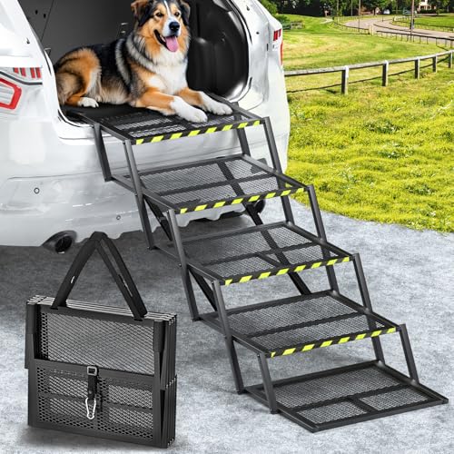 Pawaboo Escada extra larga para cão para carro, Rampa dobrável para cães grandes com superfície antiderrapante e fita refletora para carros SUV camiões, até 400 lbs, 36"-43" altura