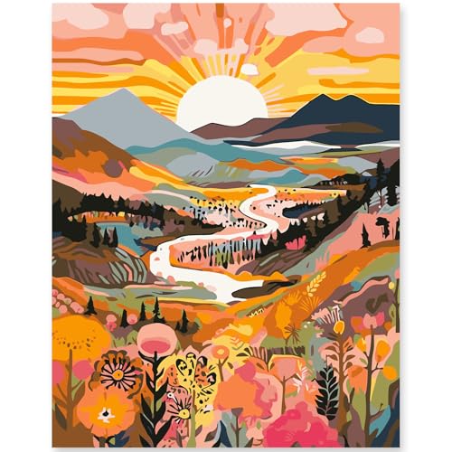 EFOTIML Paint by Numbers Kit para adultos iniciantes e crianças idades 8-12, 1 unidade 16 x 20 Canva para kits de pintura para adultos em caixa colorida (sem moldura) - Sunrise Mountains Rivers