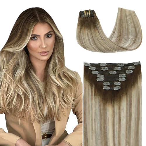 SURNEL Extensões de cabelo natural, 160 g, 55 cm, 7 peças, castanho mais escuro a desbotar a castanho Ash destacado com loiro extensões de cabelo natural grampo cabelo humano (7 C#3/8/22-55 cm)
