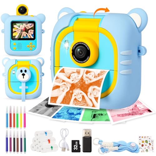 ARNSSIEN Câmara fotos infantis instantâneas, 7 papéis (4C: Vermelho/laranja/azul/verde 3 BN), 2,4" câmara fotos infantis com 1080 P & 180 ° lente & 32 GB, presente Natal / qual aniversários para Ni