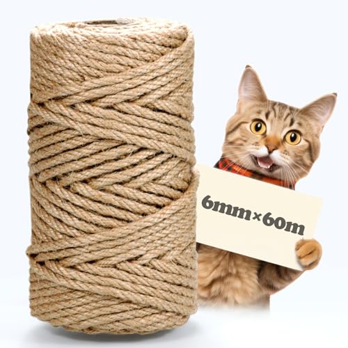 MDDK DY Corda de sisal para árvore de arranhador, 6 mm x 60 m, corda de sisal natural, coluna de raspador, corda de cânhamo, corda de juta para casa, jardim, bricolage