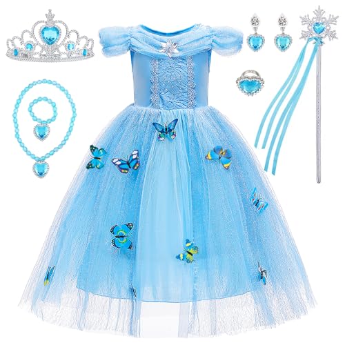 JAMATA Fantasia de Elsa Frozen para menina 4-5 anos, inclui vestido de princesa, coroa, varinha mágica, brincos, anel, colar, pulseira, Halloween e festas de aniversário, Cosplay, tamanho 120