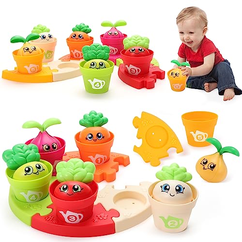 MOONTOY Brinquedos Montessori 1 ano conjunto de vaso e quebra-cabeças de 18 peças, contagem, classificar por cores e empilhar brinquedos presentes para menino e menina 6 9 12 meses 1 2 3 anos