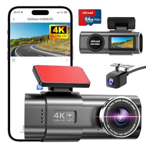 Dashcam, 4 K + 1080P WiFi Dash CAM carro, câmara de vigilância carro destacável, câmara gravador com cartão 64G, super visão, grande 170°, sensor G, monitor de estacionamento, gravação em loop