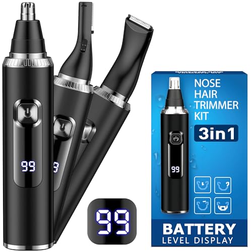 Corta-pelos nariz e orelha, 3 em 1 aparador de pelos Nariz, LED bateria ecrã, remoção de pelos indolor, pelos faciais, bigode, corpo, homem e mulher, lâminas de fio duplo, USB-C, IPX7