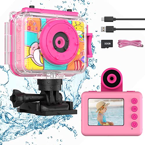 Ushining Câmara fotos infantis impermeável, 12 MP câmara fotos crianças HD 1080P câmara de vídeo de ação subaquática crianças com ecrã de 2,0 polegadas cartão de 32 GB TF, presente para crianças 3-12