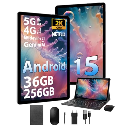 FASTWD Android 15 Tablet de 11 polegadas com 4G duplo SIM e 5G WiFi, tablet Gaming Octa-Core, 36 GB RAM+256 GB ROM (1TB TF), 2K incell120Hz, 9580 mAh, 13 MP+ 8MP, Tablet Com teclado, Preto