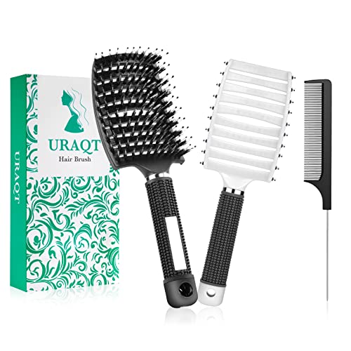 URAQT Escova de cabelo, 2 peças escova de cerdas jabali e 1 peça pente cabelo encaracolado, pente antipuxões massagem curva e ventilada, escova desembaraçadora para secagem mais rápida, reduzir o