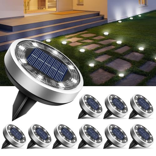 btfarm 10 pacotes de luzes solares LED para exteriores, jardim, chão, 8 LED luz solar exterior e jardim, IP65, candeeiros solares exteriores e jardim, caminho, relva, pátio (branco frio)