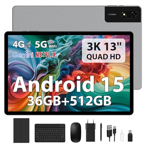 LEVIRTU Tablet Android 13 polegadas 15 Octa-Core 2,2 GHz/36 GB RAM+512 GB ROM (TF 2TB) FHD 2944 * 1840, Gemini AI, 11580 mAh/4G LTE+5G WiFi/Widevine L1/BT5.5.5.5.0/GPS/13MP Tablets com teclado e lápis