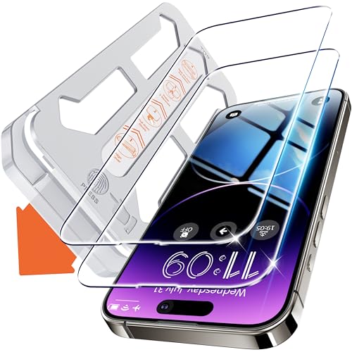 Tentoki Protetor de ecrã para iPhone 14 Pro, alinhamento automático para instalação rápida, [2 peças] vidro temperado, [Dureza 9H][alta definição]
