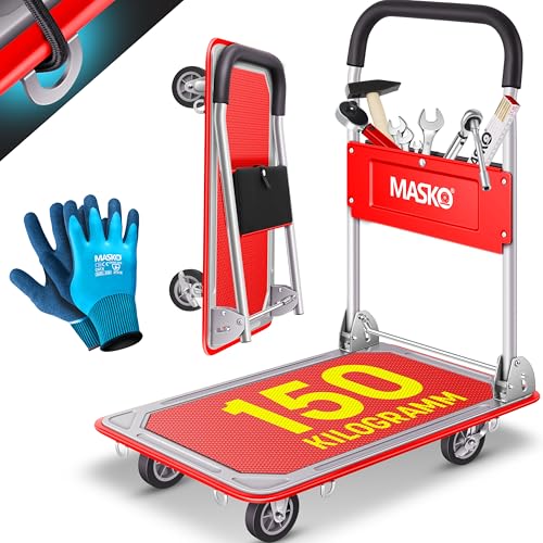 MASKO® Carrinho dobrável com plataforma de transporte, inclui luvas de trabalho, travão de estacionamento, ajuda ao transporte, com 6 ilhós de segurança, rodas giratórias 360°, carro dobrável