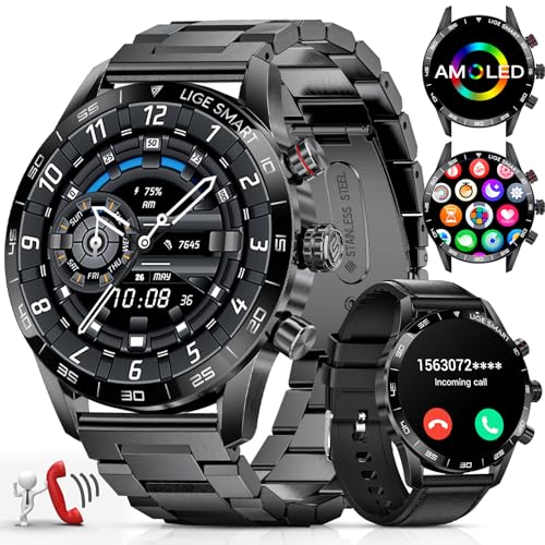 LIGE Relógio inteligente para homem, 1,43 polegadas AMOLED Smartwatch homem, chamadas e assistente de voz, 15 dias de duração da bateria, 124 desportos modo relógio desportivo para Android iOS, 2