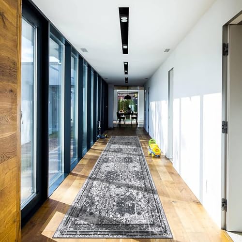 Enyhom Tapete de corredor de 80 x 300 cm, extra longo, envelhecido, lavável, macio, antiderrapante, vintage, para a entrada da casa de banho, cinzento escuro