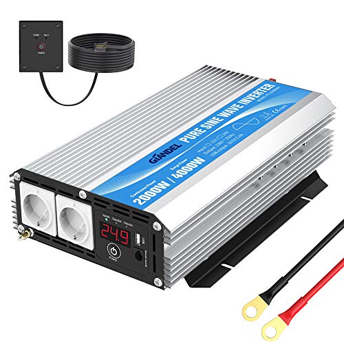 GIANDEL 2000 W Inversor de corrente de onda sinusoidal puro conversor DC 24 V para AC 220 V 230 V com saídas de AC duplas com USB e ecrã LED