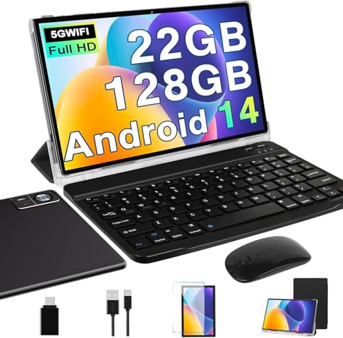 SUAAT Tablet 2025 Newest Android 14 tablet de 10 polegadas 22 GB RAM+128 GB ROM/1TB TF, Octa-Core, WiFi 5G, Bluetooth 5.0, 8000 mAh, GMS certificado, 8 MP + 5 MP, tablet PC com Capa T Escadado e rato