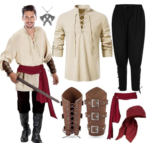 RANJIMA Juego de ropa medieval para hombre, disfraz renacentista, protector de muñeca, camisa de lino para hombre, camisa mediteredad, pantalones con cinta para la cabeza, cinturón, disfraz victoriano