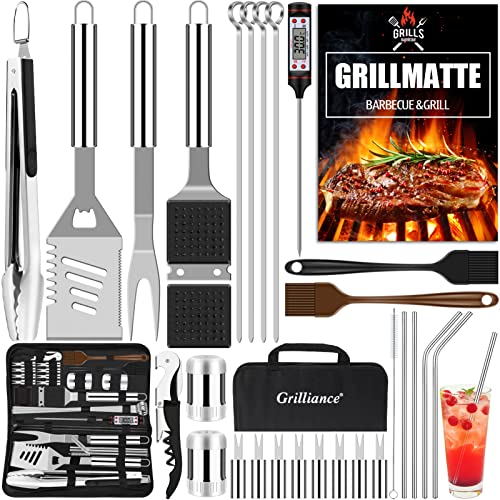 Grilliance Utensílios para churrasco de 30 peças, kit de acessórios para grelha de aço inoxidável para homens, conjunto de ferramentas profissionais para grelha com bolsa de transporte, prateado