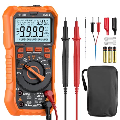 Proster TRMS Multímetro digital profissional 9999 contas, medidor de tensão CC/CA corrente CC/CA continuidade capacidade NCV medição de temperatura e picos com LCD retroiluminado