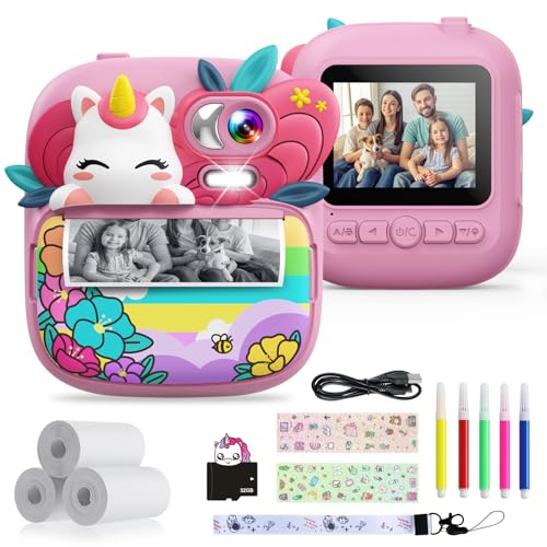 TIATUA Câmara com fotos infantis instantâneas, 2,4" HD 1080P câmara instantânea para crianças com cartão de 32 G canetas coloridas e papel de impressão, presente para crianças dos 3 aos 12 anos