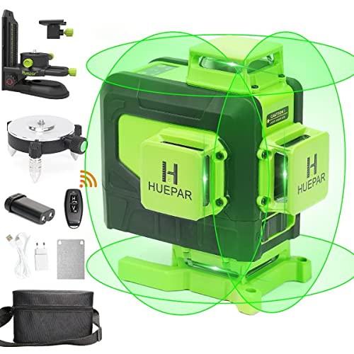 Huepar 4 x 360 Remote Control Laser Level Self-Leveling 16 linhas Green Beam 4D Cross Line Tiling Floor Laser Tool-horizontal e Vertical Laser Lines, Magnetic Bracket, Li-Ion Battery&Adjust Base 999