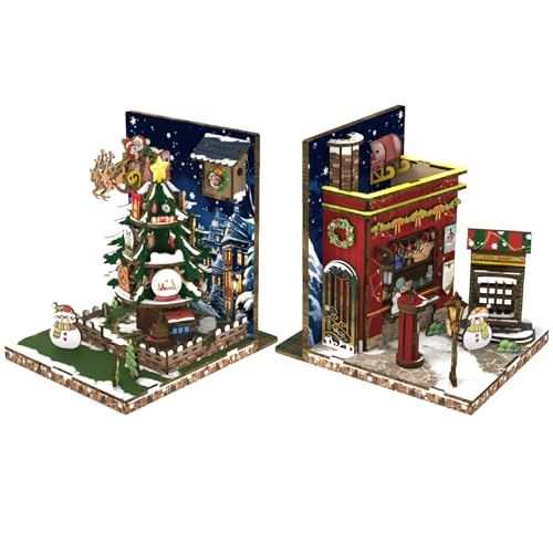 Cutefun Kit de canto de livros de bricolage com cobertura antipoeira, kit de casa de bonecas em miniatura, suporte de livros de inserção de prateleiras, (Christmas Cottage)