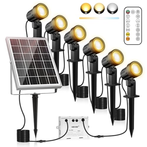 MEIKEE Luzes solares LED para exteriores, jardim, 6 em 1, holofote solar de jardim, controlo remoto RF, 2500 K-6500 K ajustável, 3 modos, 3 níveis de brilho, IP66 iluminação impermeável para árvore,