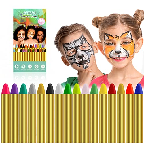 ACWOO Pintura de rosto para crianças, 16 cores de segurança não tóxica pintura facial, rayões de maquilhagem ideais para o Halloween Natal cosplay festa e festa