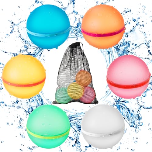 Balões de água reutilizáveis, 6 balões de bomba de água com fecho automático e enchimento rápido e 1 mala de malha, jogos aquáticos ao ar livre para crianças e adultos para lutas aquáticas