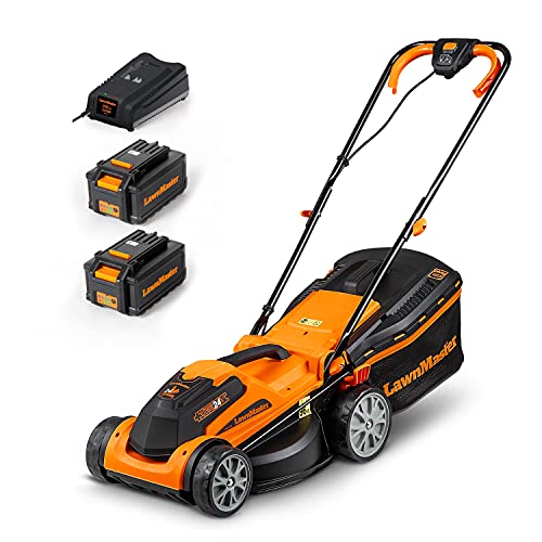 LawnMaster CLMF2434G Corta-relvas com bateria 2 x 24 V 4,0 Ah, 34 cm até 300 m², altura de corte 6 níveis 20-70 mm, saco de recolha de 32 l