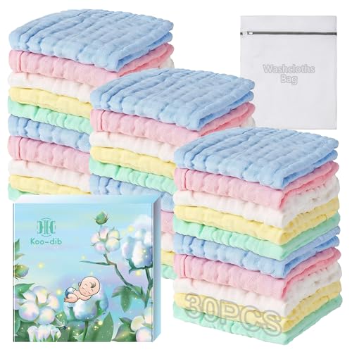 Muselinas de algodão para bebés, quadrados de muselina panos, muselinas de algodão para bebés recém-nascidos, toalha, casa de banho, recém-nascidos, 25 x 25 cm, pack de 30 (inclui saco de lavandaria )