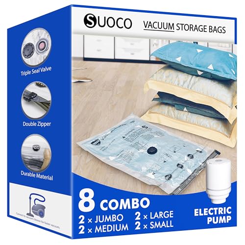 SUOCO Sacos a vácuo roupas, conjunto de 8 sacos (2J 2 L + 2 m + 2 S) com bomba elétrica, sacos de armazenamento a vácuo para roupa e edredões, viagem e casa, resistente e reutilizável