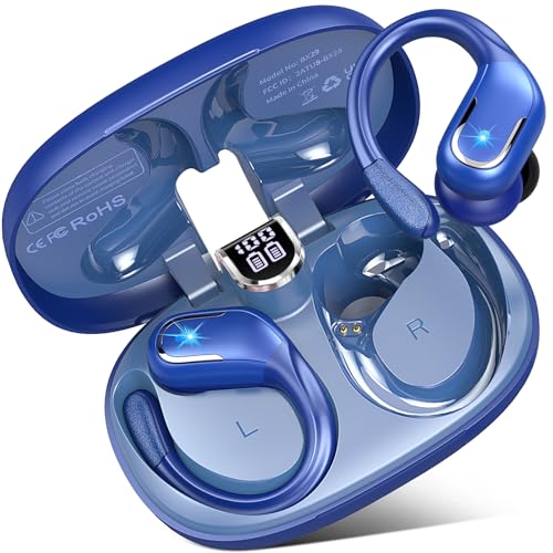 Auriculares sem fios desportivos, 75H capacetes sem fios Bluetooth HiFi estéreo, auriculares Bluetooth 5.3 com HD cancelamento de ruído ENC Mic, auriculares sem fios IP7 impermeável, tipo C, azul