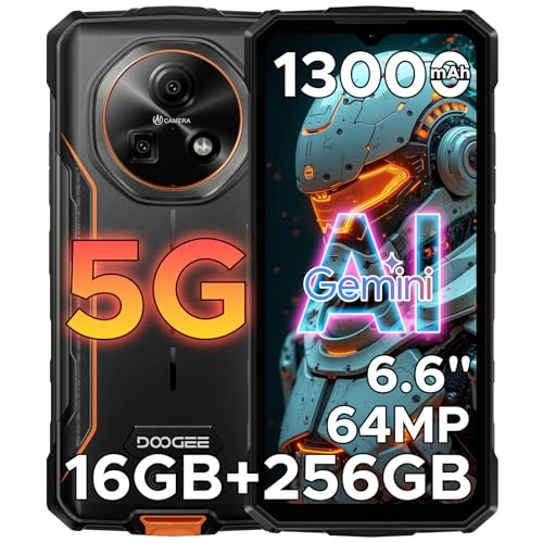 DOOGEE Fire 7 Telemóvel inquebrável 5G, 16 GB + 256 GB/2TB Gemini AI Android 15 telemóvel, 6,6" 13000 mAh telemóvel rígido, Dimensity 6300 telemóvel resistente, 64 MP/Dual SIM 5G/OTW. G/NFC/GPS