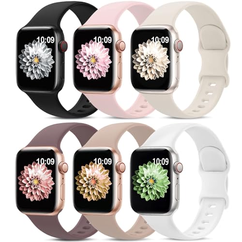 AMSKY 6 peças correias de silicone compatíveis com correia Apple Watch 40 mm 44 mm 46 mm 45 mm 41 mm 42 mm 38 mm 49 mm para mulher homem, Sport correia compatível com iWatch Se Ultra Series 10 9 8 7 6