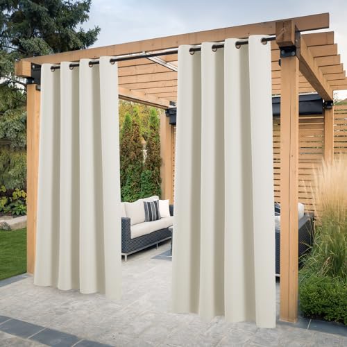 PONY DANCE Cortina de exterior impermeável com ilhoses, cortinas opacas para varanda, terraço, pérgolas de jardim, cortinas com proteção UV para varandas, 2 peças, 132 x 213 cm, bege claro