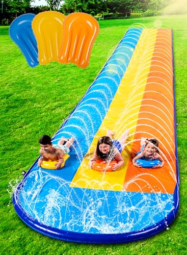 Sloosh 18 pés/548 cm escorrega tripla com 3 tabelas, escorrega aquática para relva com pulverizador para crianças e adultos, brinquedo de verão para diversão ao ar livre