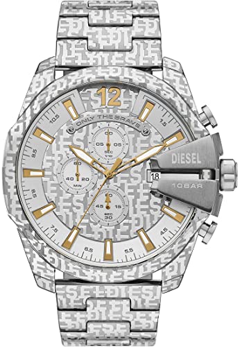 Diesel Relógio para homem mega chief, movimento cronógrafo de quartzo, caixa de aço inoxidável prateada de 59 mm com correia de aço inoxidável, DZ4308