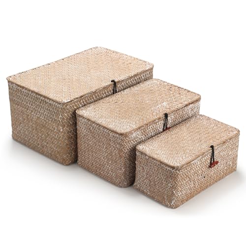 Cesto de armazenamento com tampa Seagrass cestas de vime, decoração retangular, tecido de ratan, caixa com tampa de 3 peças (branco grande médio pequeno)
