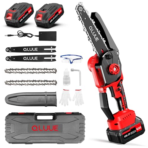 Mini moto-serra a bateria, QLUUE de 8 polegadas com motor de 1150 W, bloqueio de segurança e vários acessórios. Motosserra portátil ideal para jardinagem, corte de ramos e madeira