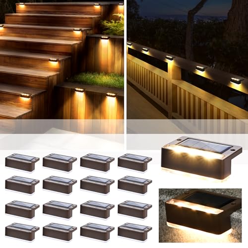 Solpex Luzes solares para exterior, 16 peças, luz branca quente para escadas, luzes solares impermeáveis, iluminação LED para escadas exteriores, degraus, cerca, pátio, decoração (castanho)