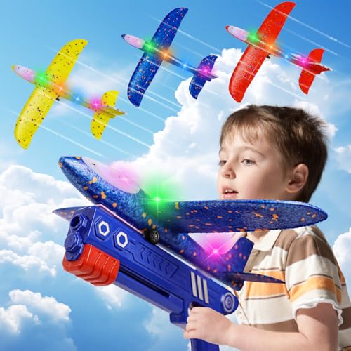 Pacote de 3 aeronaves de espuma planador de lançamento LED, brinquedos de voo, grandes brinquedos voadores para crianças de 3 a 12 anos ao ar livre