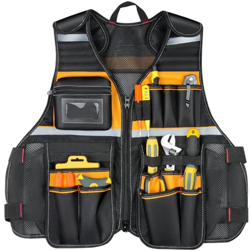 WINHUNT Colete de trabalho para ferramentas com vários bolsos, colete de tecido Oxford resistente, colete refletor para eletricistas, carpinteiros, trabalhadores, 62 x 60 x 3 cm,