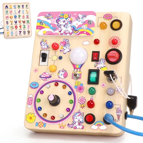 Brinquedos crianças 1 ano Montessori Unicorn Busy Board com 10 interruptores e 23 luzes LED brinquedo de aprendizagem sensorial jogos menino 1 2 3 anos placa de atividades de madeira presente menino