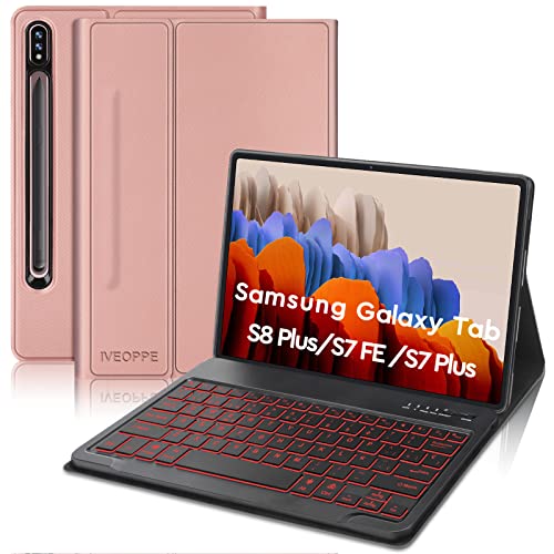IVEOPPE Capa com teclado para Samsung Galaxy Tab S7 FE/S7 Plus/S8 Plus 12,4", teclado espanhol Ñ Bluetooth sem fios removível retroiluminado, rosa