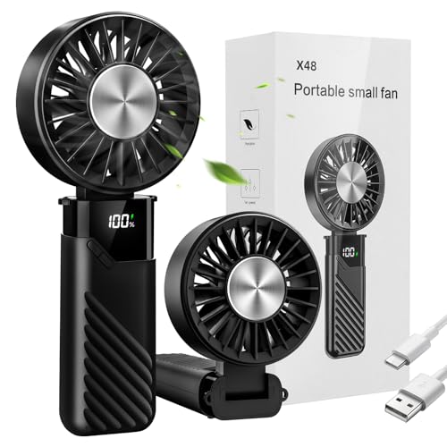 Ventilador portátil 3 em 1, mini ventilador de mão recarregável, pequeno USB, secretária a pilhas portátil com 5 níveis de velocidade, Hand Fan manual para escritório e exterior (preto)
