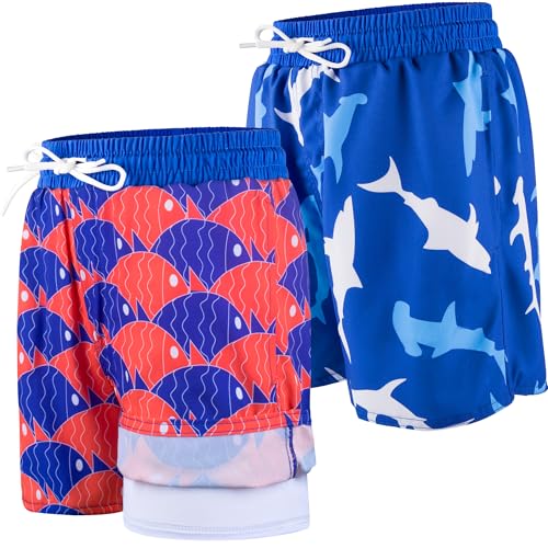 BIG ELEPHANT Conjunto de 2 calções de banho para crianças com forro compacto, fato de banho infantil UPF 50, calções de natação de secagem rápida